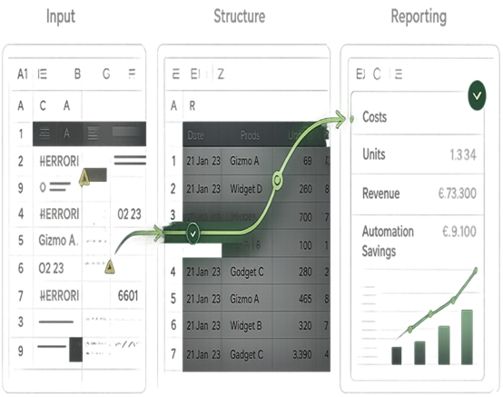 Messy spreadsheet data transformed into structured tables and clear business reporting